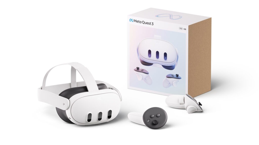 The Meta Quest 3 and accessories beside the box