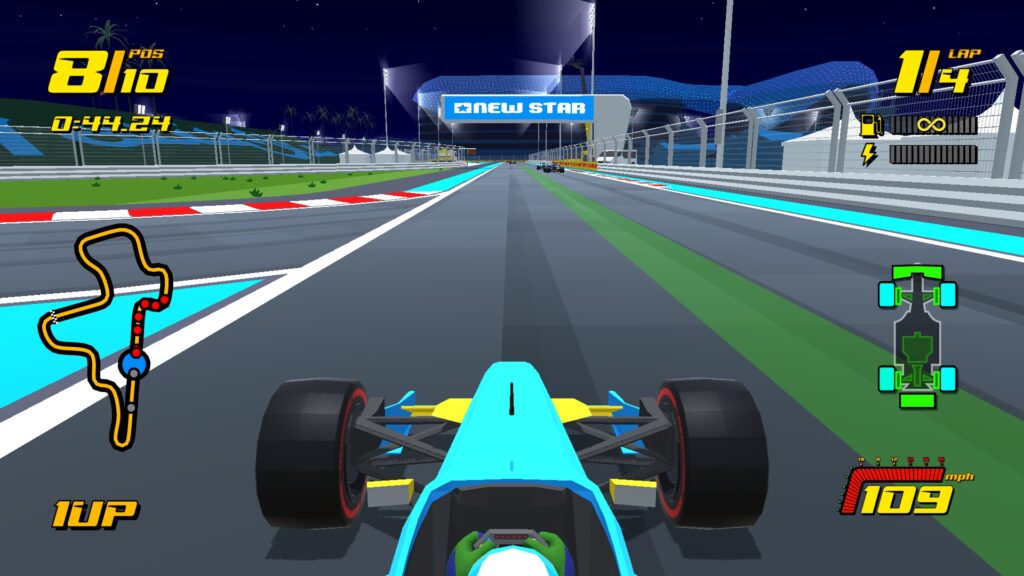 A screenshot of race track with a hotel in the background.