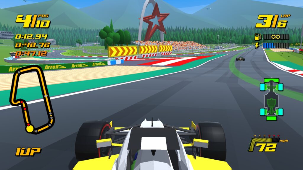 A shot of a car driving one of the tracks in the game, where a big star satchu is shown.