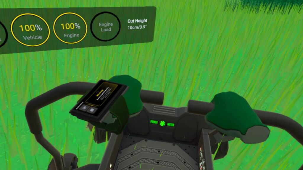 A screenshot from Lawn Mowing Simulator VR showing the front panel of a ride-on lawn mower. The player's virtual hands, depicted by two floating green gloves, are gripping the steering apparatus.