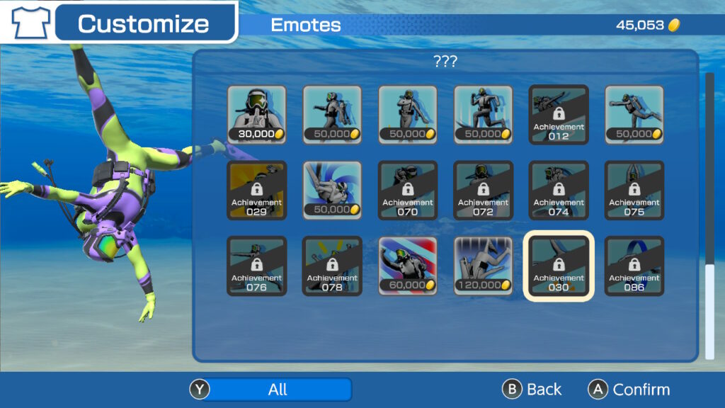 An in-game customisation menu for Emotes. The player's avatar is on the left, with the open menu on the right showing a variety of available Emote options with small example images. Unlock conditions are written on each one, e.g. 30,000 coins to purchase or unlocked with Achievement #74.