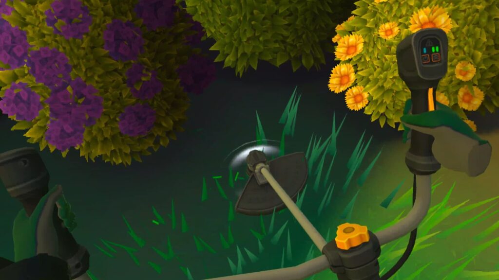 A screenshot from Lawn Mowing Simulator VR, showing the player using a strummer on a patch of grass near some flower bushes.