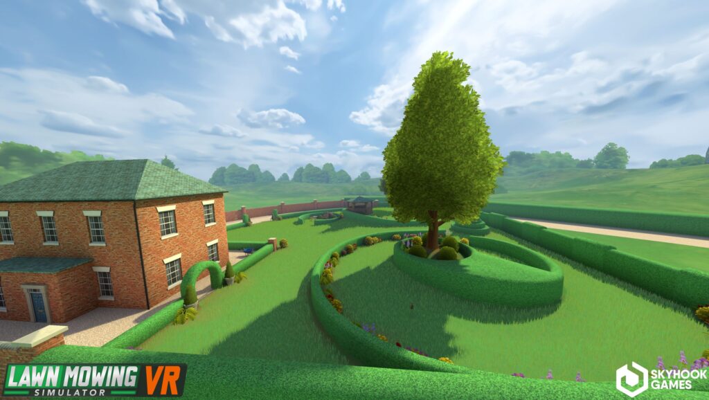 A screenshot from Lawn Mowing Simulator VR showing a house with a large grassy garden. A tall tree is growing in the middle of a spiral hedge in the centre.