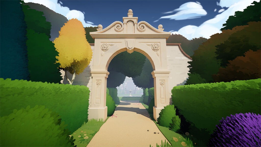 A regal-looking white archway reaching over a hedged footpath walk. There are tall trees and small bushes on each side of the path.