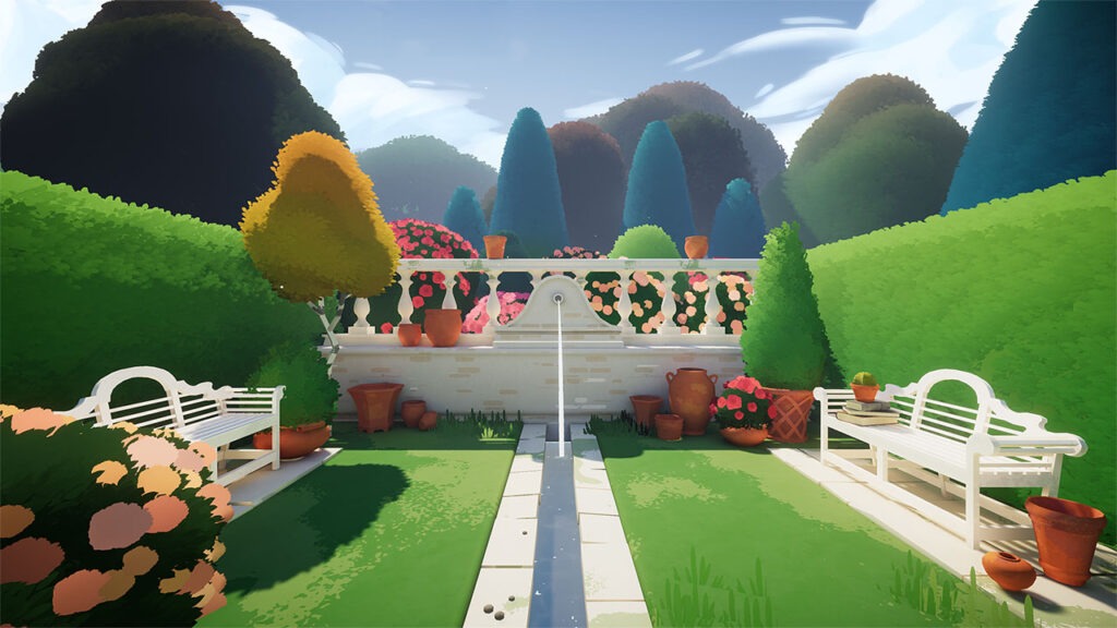 An in-game screenshot of a hedged garden. A small water runway is in the centre, with water spouting from a wall outlet.