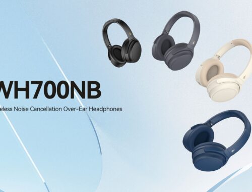 Promotional graphic for the Edifier WH700NB headphones; the four colours against a blue background with model number as text
