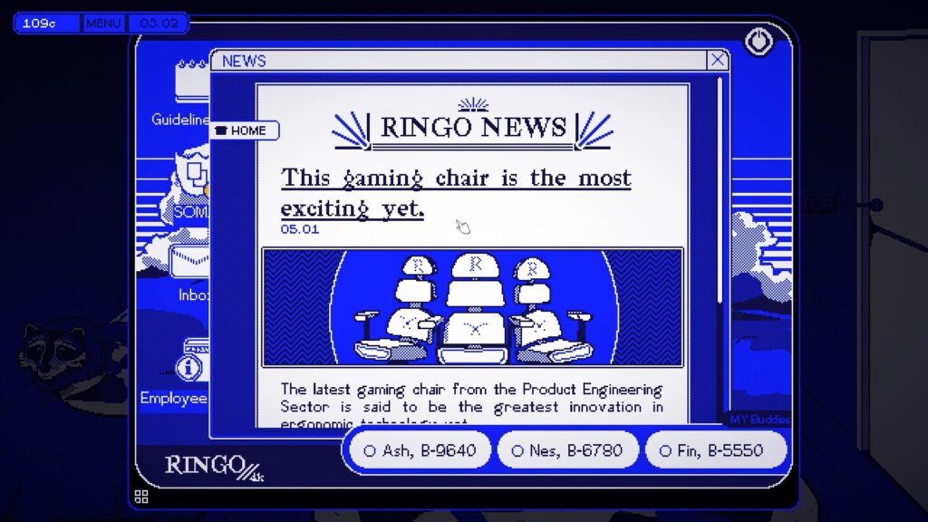 A computer screen shows an article in the Ringo News newspaper, titled "This gaming chair is the most exciting yet."