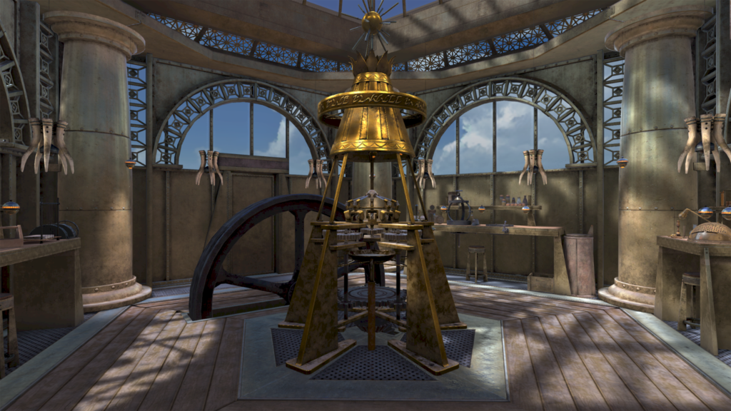 A puzzle room with a giant machine in the middle that stands high in the center. There is an old iron wheel behind it that you will need to spin.