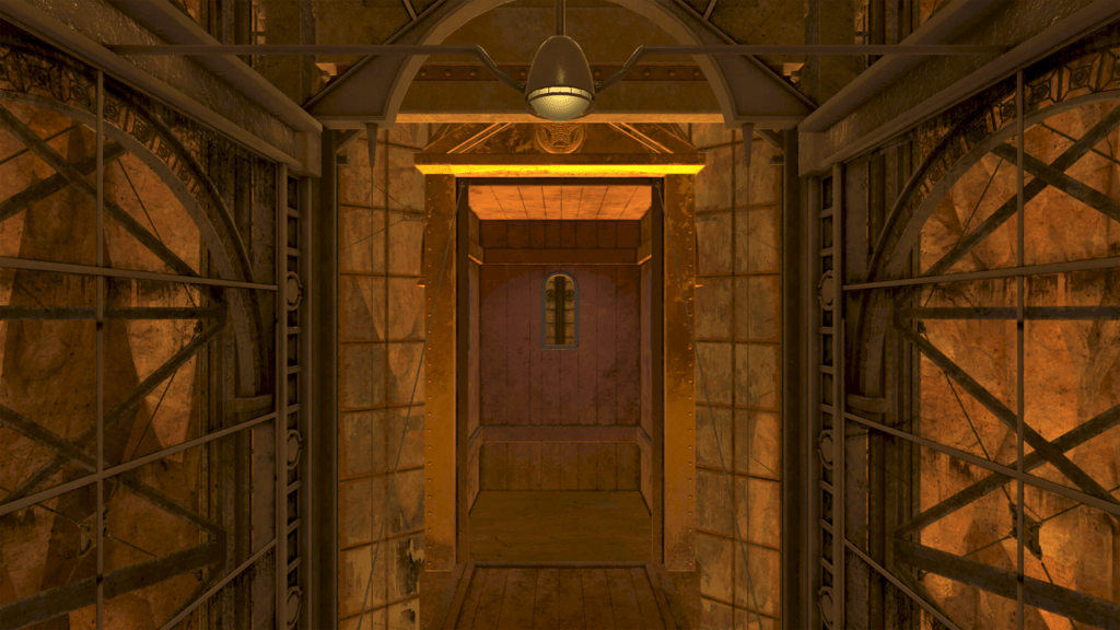 A room bathed in orange, warm light as you enter a metal elevator that carries you to the next floor.