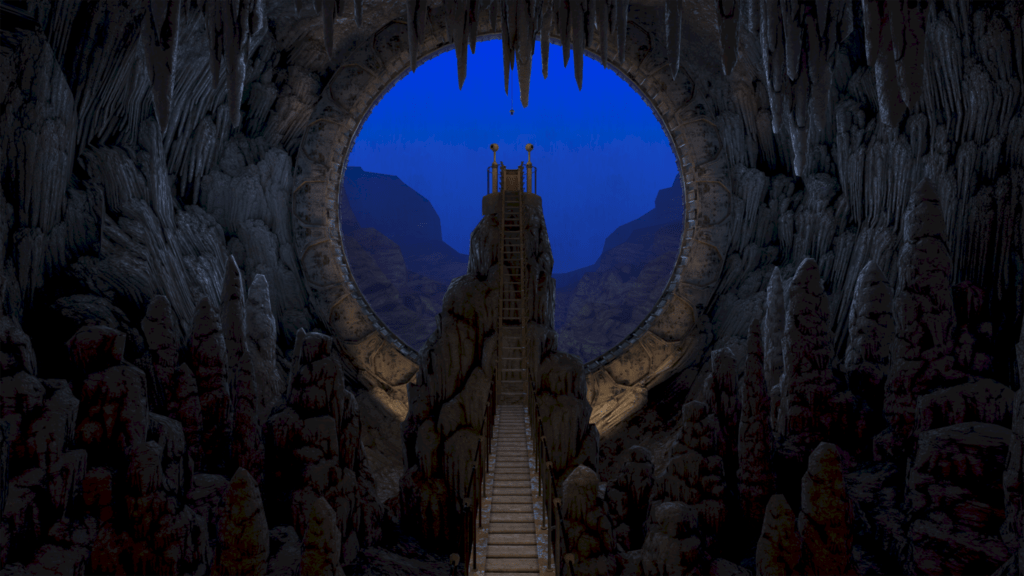 A cave with stalactites and stalagmites with a narrow bridge connecting you to a stone tower.