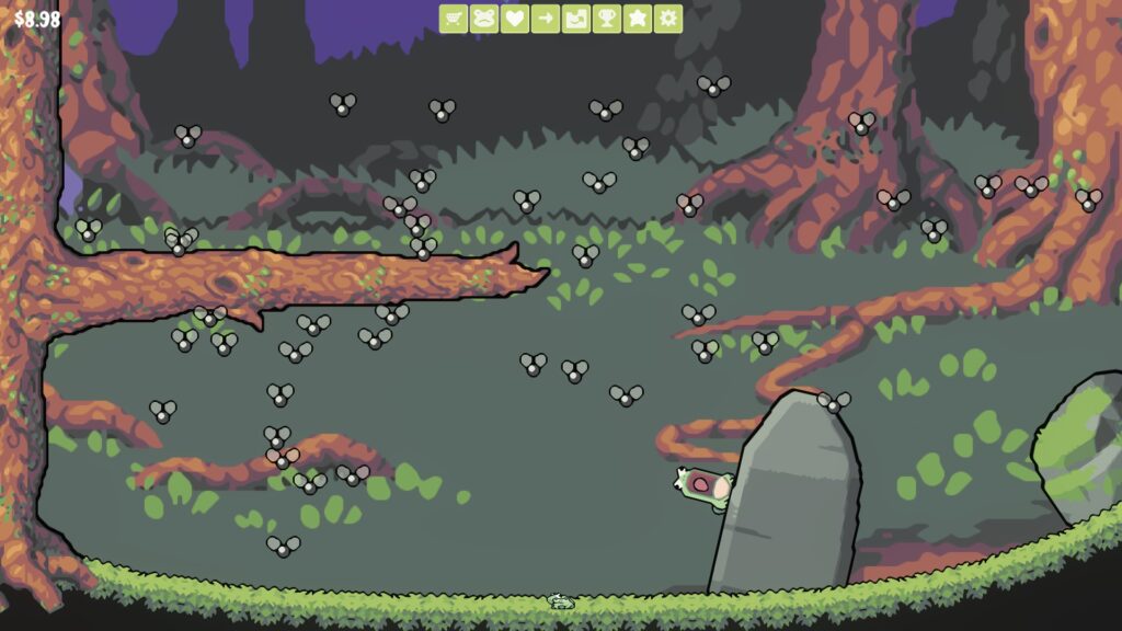 A screenshot from Croakoloco showing a frog on a rock with its mouth open. The whole area is filled with black flies, which the frog is eating one by one.