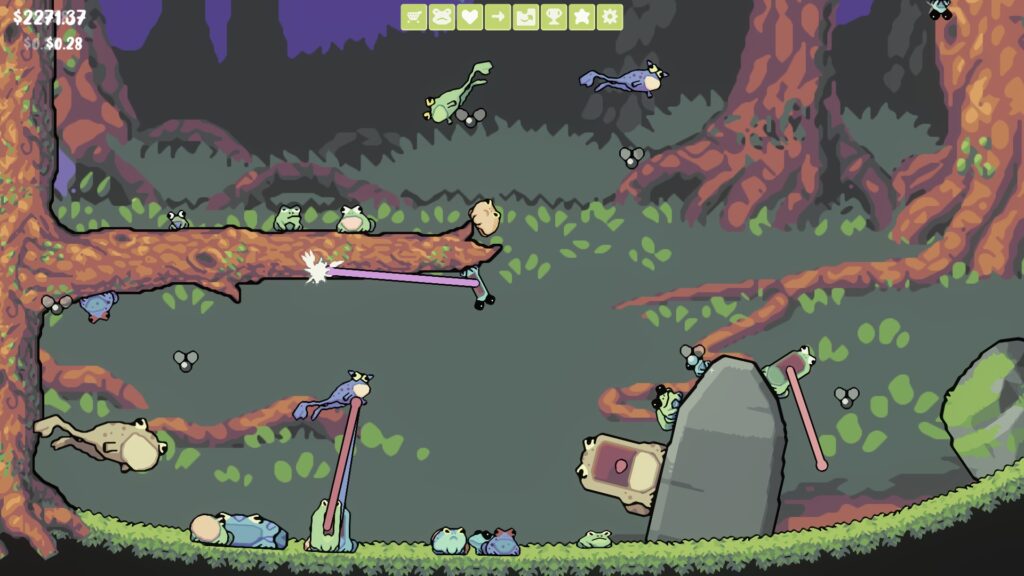 A screenshot from Croakoloco showing the original forest-themed tank. Frogs of all kinds are leaping and sitting around the tank. Four frogs are eating flies generated through other frogs burping them out.