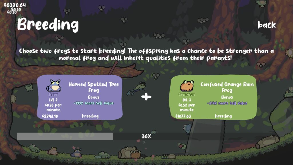 A screenshot from Croakoloco showing the in-game breeding menu. A rare Horned Spotted Tree Frog is selected in the left slot, with a common Confused Orange Rain Frog in the right slot. Their bonuses are both "more sell value".