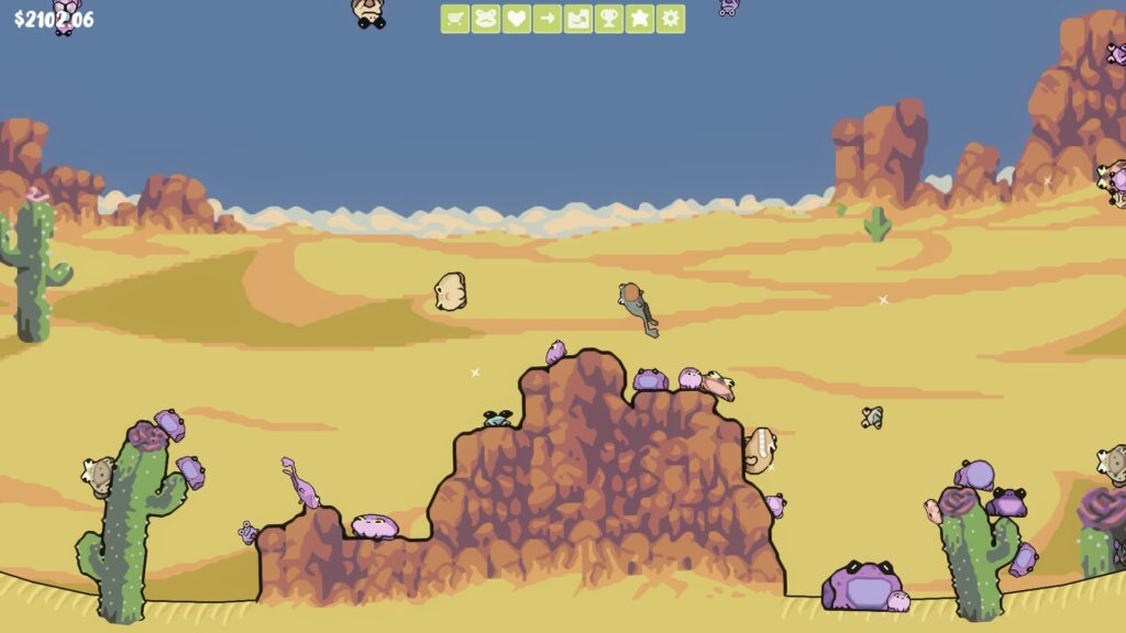 A screenshot from Croakoloco showing the desert-themed tank. A variety of frogs are leaping and sitting around the tank.