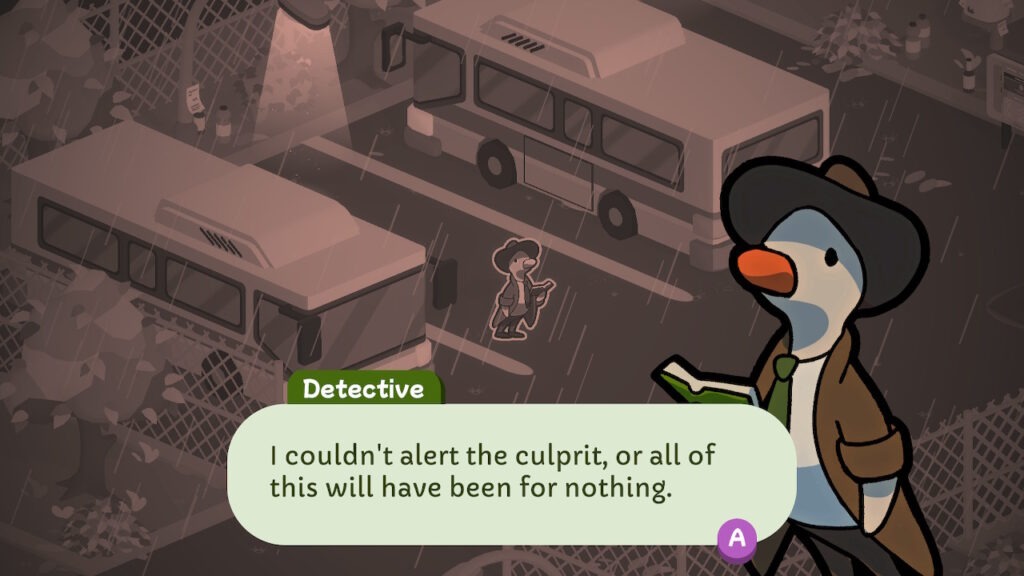 The Duck Detective has an inner monologue stating that he knows the suspect. The scene is set in the parking lot in sephia as Eugene stands between two buses in the rain.