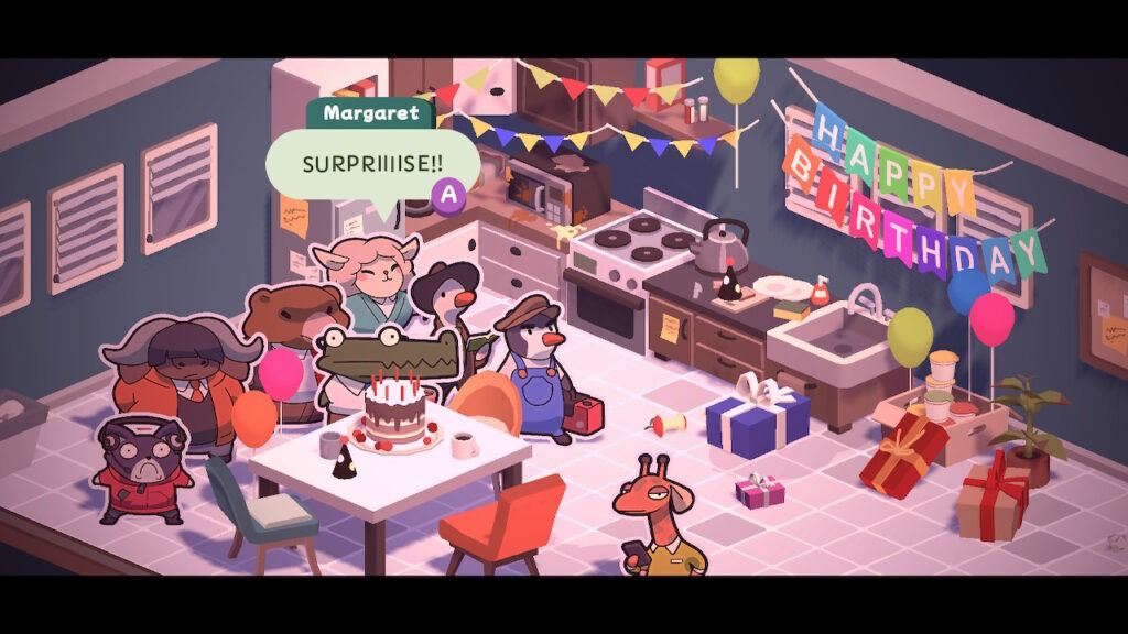The employees at the bus station surprise a giraffe with balloons, presents, and a cake. The group consists of a cat, bull, bear, alligator, lamb, the Duck Detective, and a penguin.