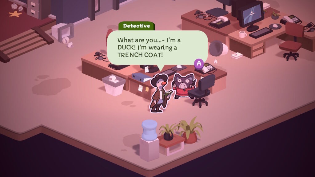 The Duck Detective interviews one of the employees, a brown cat named Laura. She is wearing a red zippered coat and her communication headset as she stands at her desk.