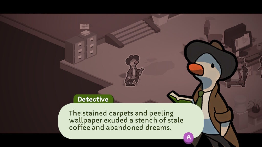 A duck wearing a brown hat and trench coat ponders the smells in the office. He is surrounded by filing cabinets and computers.