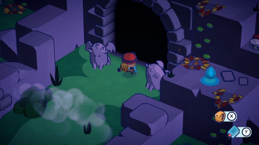 Tyke the main character is entering the castle at night time. To his left and right are winged gargoyles the frighten him.