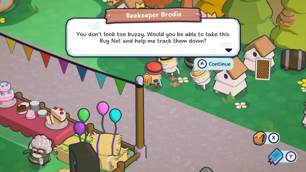 Tyke is standing next to Brodie a beekeeper and his bee hives. There is also a party going on and you can see cakes on the dessert table.