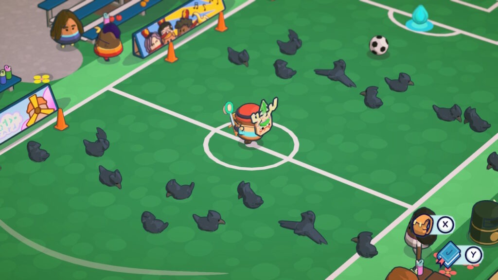 Tyke runs through the football pitch but to each side are dozens of crows. The fans watch as the game is overtaken by the birds.