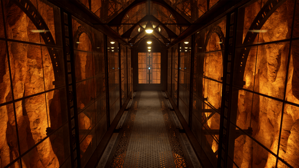 An underground cave with a metal walkway sits high above the ground below. An orange light glows around you.