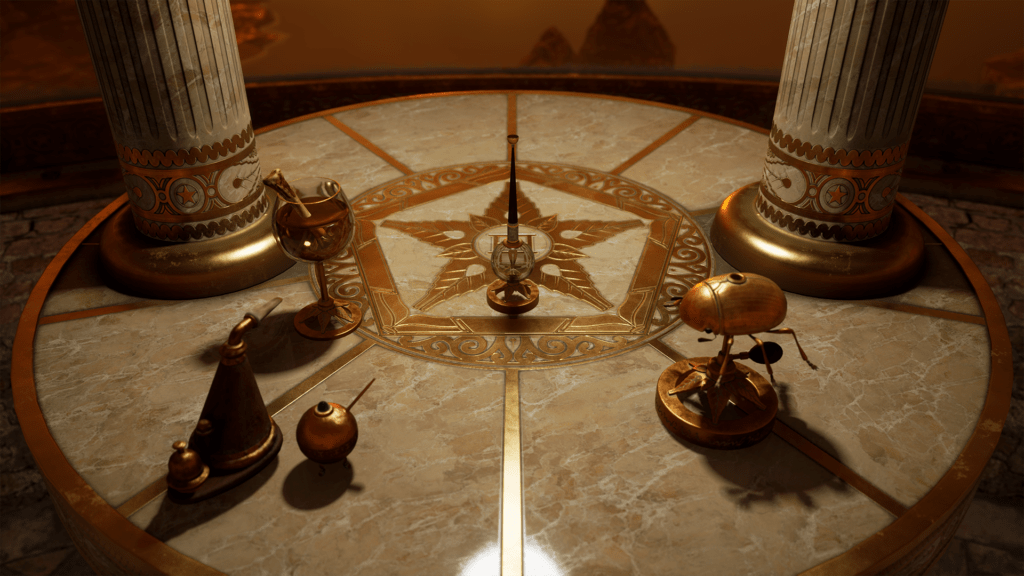 A stone marble table holds two columns, a golden star etched in top. Surrounding the table is a glass with wine and a finger-bone stirrer, and other golden trinkets.