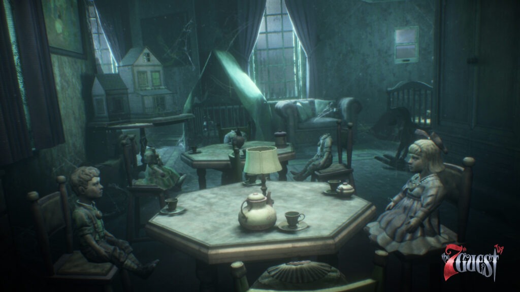 A child's playroom has two hexagonal tables. Around the table sits dolls some with their heads missing. Around the back of the room you can see a few cribs, sofa, and a dollhouse.