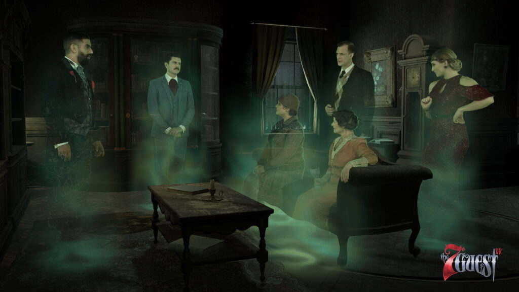 The parlor is filled with the ghosts of the former inhabitants of the mansion. Three men and three women accompany you in the room dressed in formal attire for a dinner party.