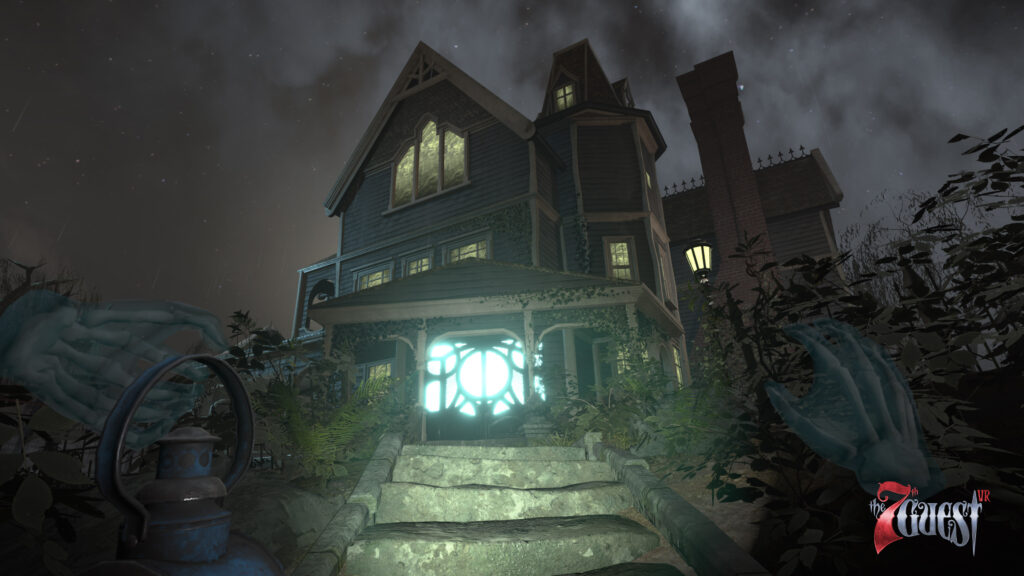 A giant mansion sits on the top of the hillside. It is surrounded by vines and a gateway. In front of you is a set of stone stairs that lead to the door which is illuminated from within.