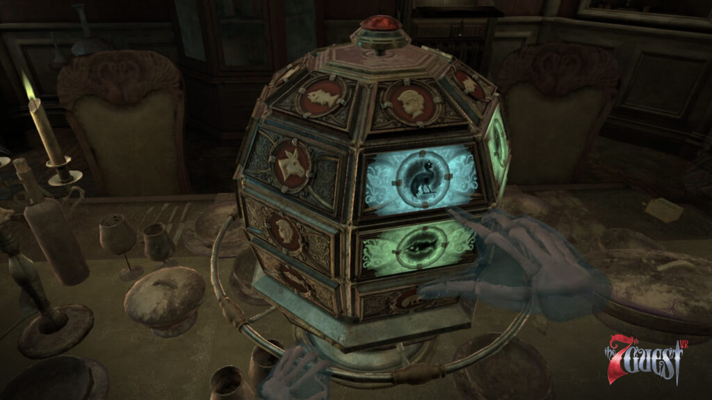 A puzzle orb with multiple sections sits on a table in front of you. Your VR hands guide the wheel spinning pieces as your other hand matches the pieces in order to solve the puzzle.
