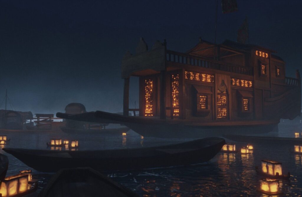 There are boats docked together which form a platformed moving town on the ocean's surface.