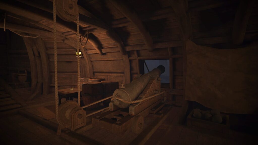 A long cannon with a rope pulley sits to the right. It is pointed out the window ready to fire at incoming enemy ships.