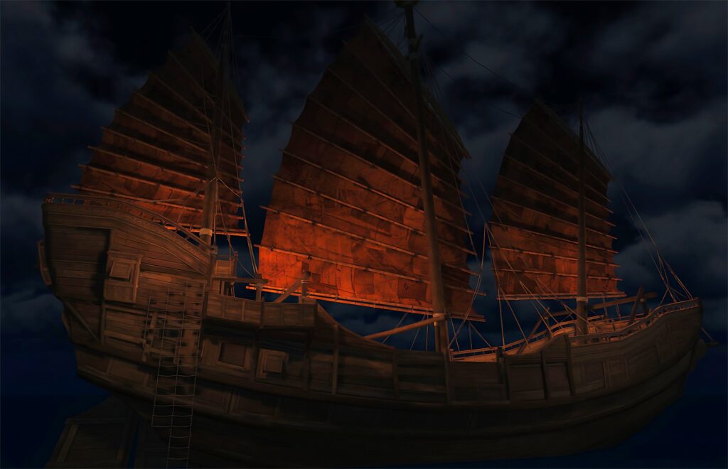 A pirate sail boat with three large red sails towers over you. The ship is made of dark brown wood and looks to be constructed by a hodge podge of pieces of wood.
