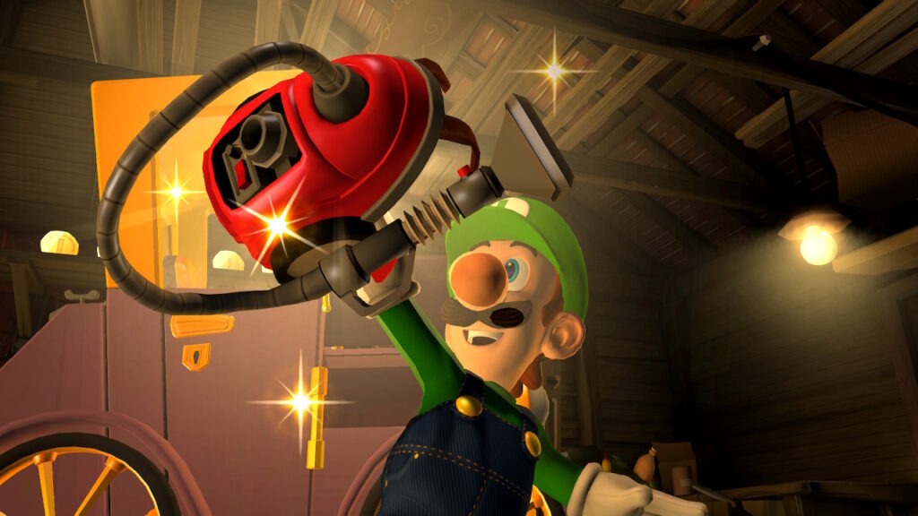 Luigi dressed in his standard green hat and green shirt, and blue overalls. He is holding the Poltergust 5000 overhead which is a retrofitted vacuum cleaner like machine that captures ghosts.