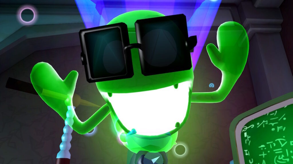 A green ghost pops out at you wearing sunglasses to protect himself from Luigi's strobe light. In the bottom right is a computer with random characters showing up on the screen.