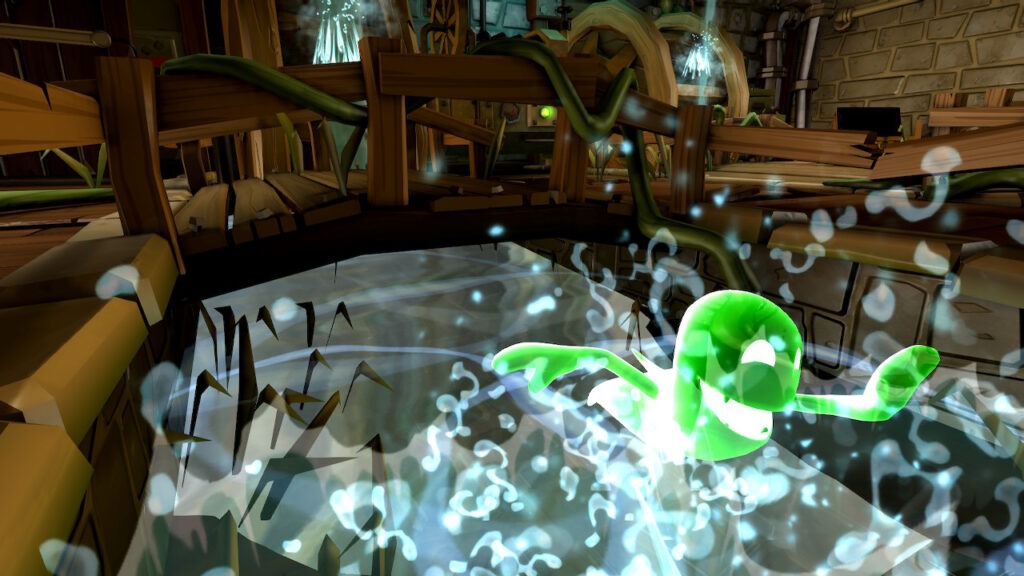 A green ghost swims in the waters of a newly created stream. Above him is a bridge that connects the two sections of the room. Behind them a wheel spins as water flows from the ceiling above.