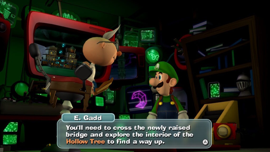 Professor E. Gadd is sitting in his pneumatic chair overtop of Luigi who is standing next to him. They are in the bunker which has computer screens lining the walls and a large monitor is hanging from the ceiling showing one of the mansions in the background.
