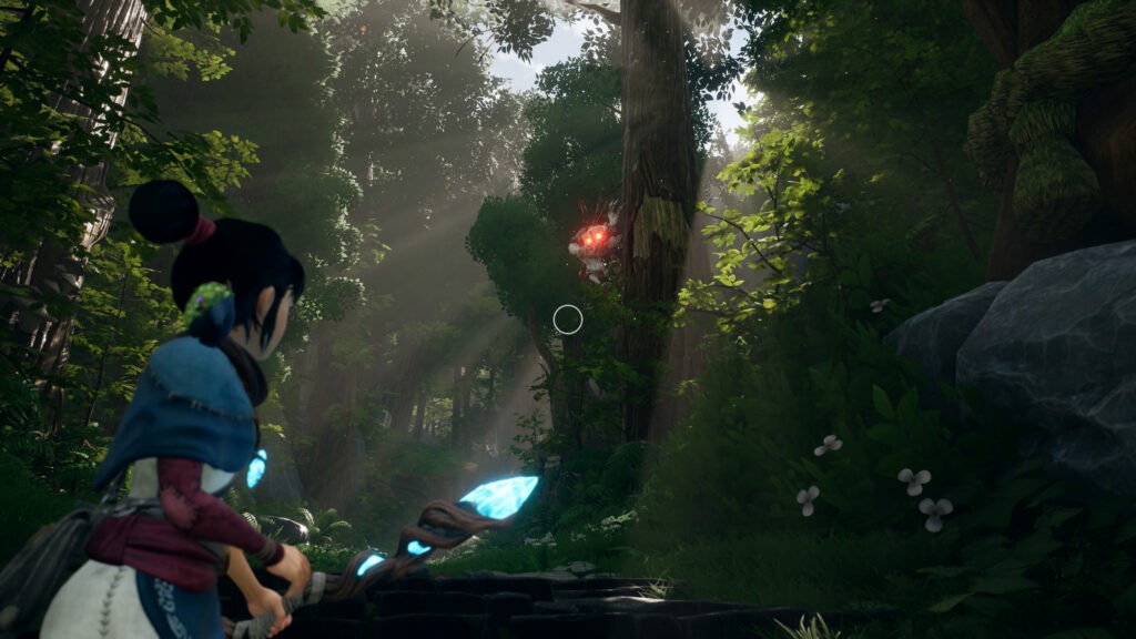Rays of sunlight shine through the forest highlighting a tall tree where an enemy is hiding in the branches. It's eyes are glowing orange with rage.
