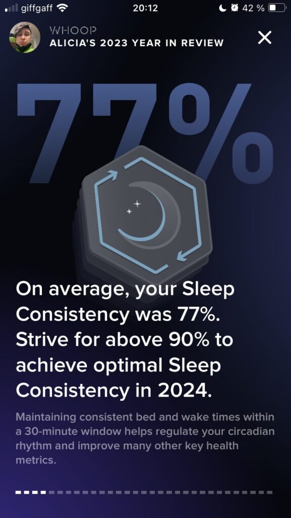 Personalised Whoop Year in Review looking at sleep consistency