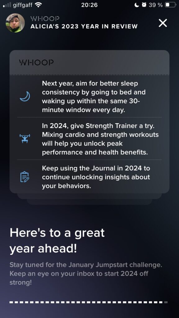 Personalised Whoop Year in Review setting targets for the year ahead