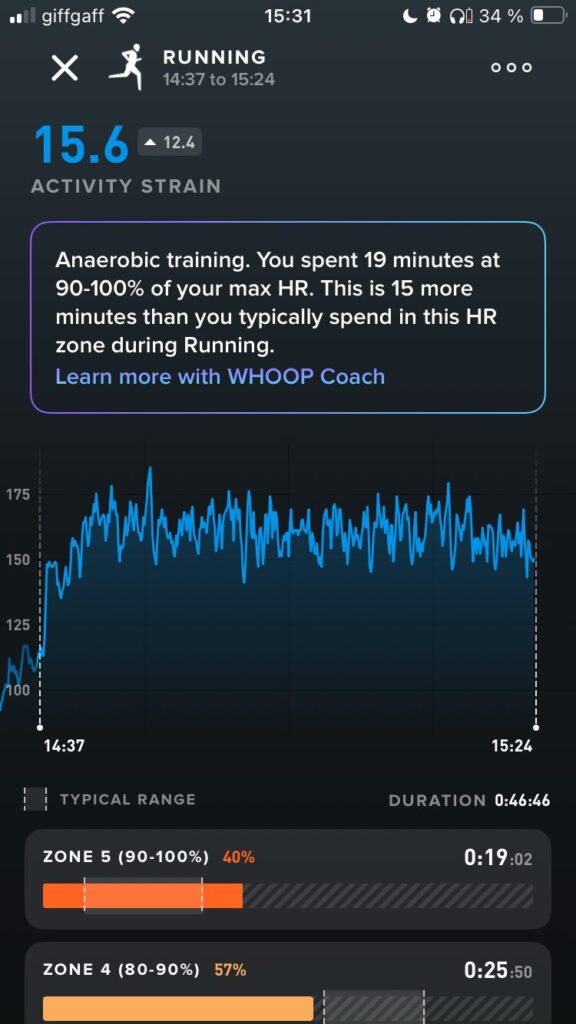 a running activity recorded in the Whoop app showing heart rate and heart rate training zones