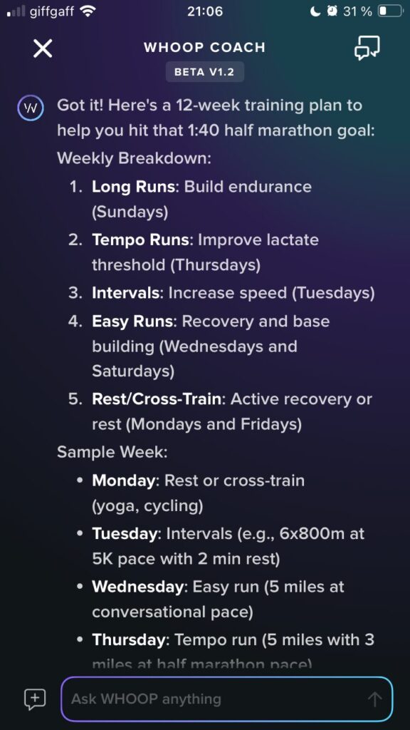 a training plan from the Whoop AI Coach to run a half marathon in 1 hour 40 mins including Whoop data utilisation