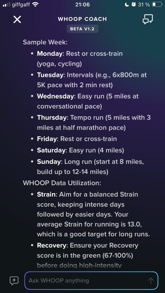 a training plan from the Whoop AI Coach to run a half marathon in 1 hour 40 mins including Whoop data utilisation