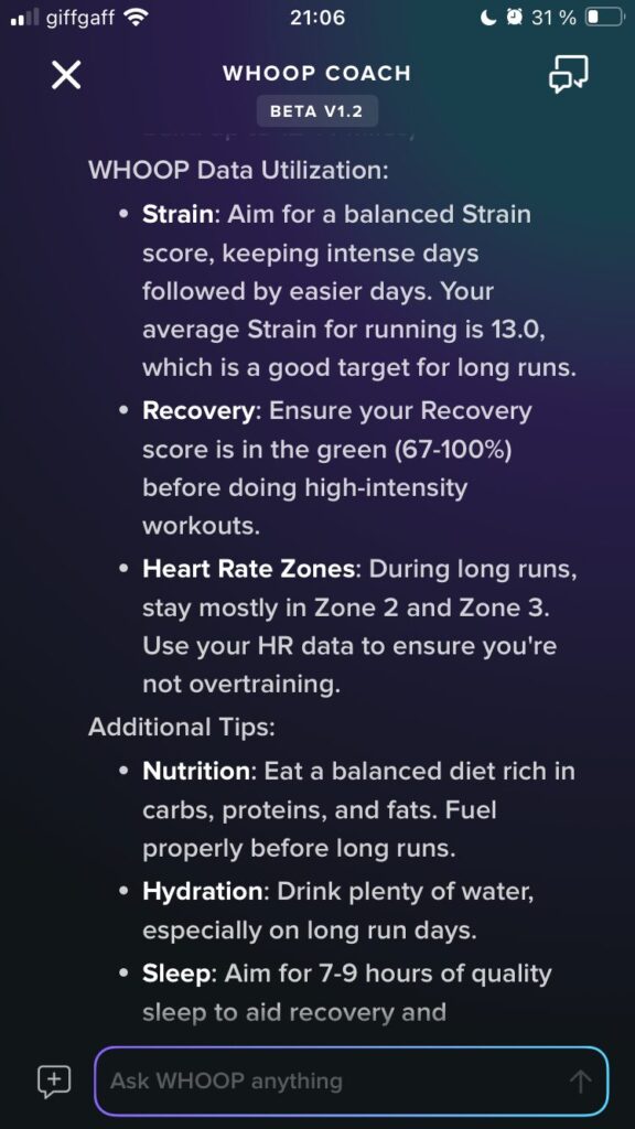 a training plan from the Whoop AI Coach to run a half marathon in 1 hour 40 mins including Whoop data utilisation