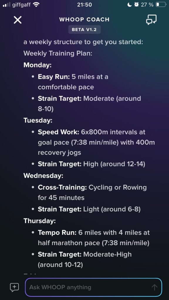 a training plan from the Whoop AI Coach to run a half marathon in 1 hour 40 mins including Whoop data utilisation
