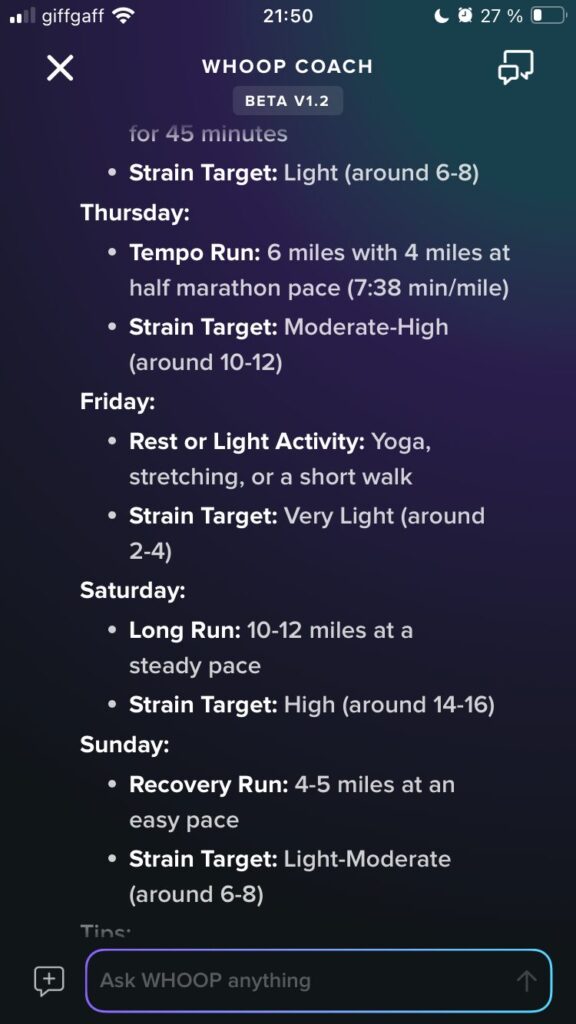 a training plan from the Whoop AI Coach to run a half marathon in 1 hour 40 mins including Whoop data utilisation
