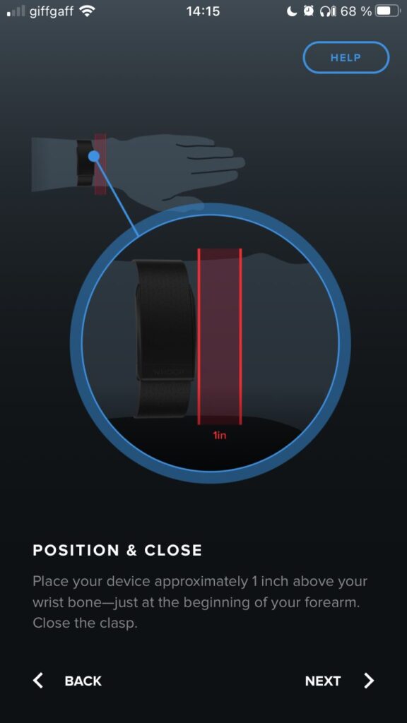 a screenshot from the Whoop setup showing how to wear the band
