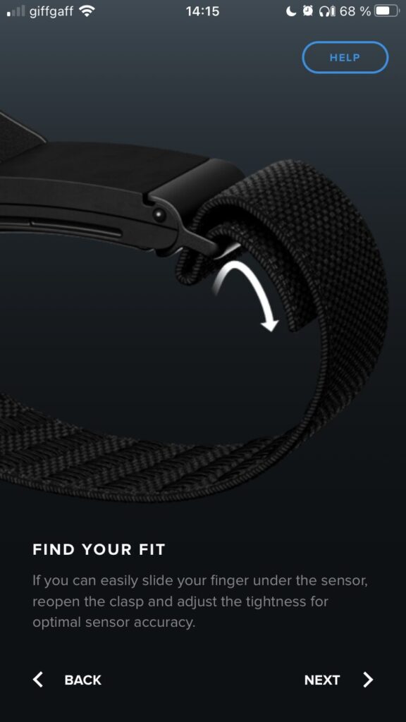 a screenshot from the Whoop setup showing how to adjust the fit of the band