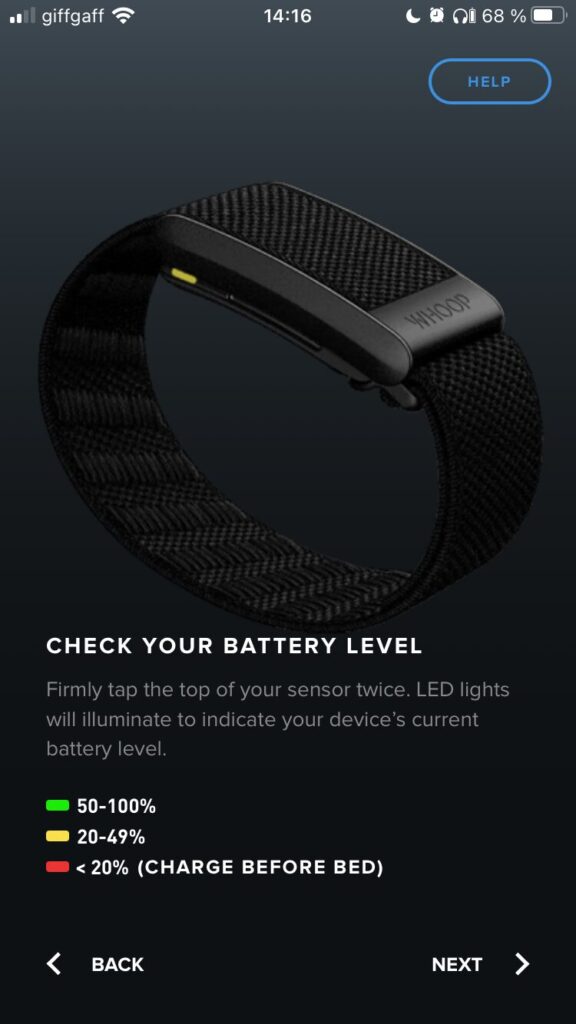 screenshot from the Whoop app showing how to check the battery level on the Whoop device